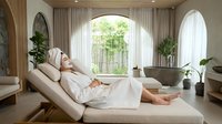 Young woman relaxing in luxury spa treatment room with natural light and plants. Wellness retreat interior for skincare and beauty services.