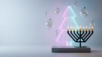 Modern Hanukkah menorah with glowing neon Christmas tree and floating bubbles on minimalist background for holiday celebration and interfaith design.