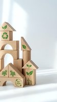 Wooden building blocks shaped as houses with green eco icons, net zero, recycling, solar panels, and wind turbines on white background.