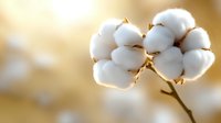 Soft white cotton bolls on branch against warm golden bokeh background, showcasing natural fiber in its raw form. Agricultural harvest detail macro photography.