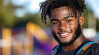 Young African American man with dreadlocks and beard smiling confidently outdoors, wearing casual attire with backpack strap visible against colorful blurred background.