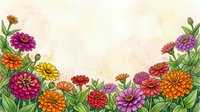 Colorful zinnia flowers in watercolor style framing a warm beige background with copy space for text or design projects.