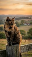 Tortoiseshell cat sitting on wooden fence post overlooking rural countryside landscape at golden hour sunset with rolling hills and farmland.