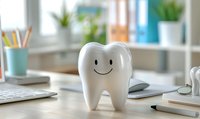 Smiling white tooth figurine on dental office desk with computer keyboard and stationery supplies in soft morning light. Modern dentistry concept.