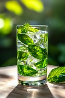 Fresh mint mojito cocktail with ice cubes and green leaves in clear glass on wooden surface against blurred natural background, sunlit drink photography.
