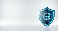 Digital shield with glowing blue circular target and concentric rings, isolated on white background for cybersecurity, data protection, and technology design projects.