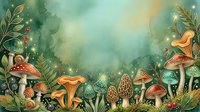 Enchanted forest floor with whimsical mushrooms, golden toadstools, and magical glowing lights among lush green foliage and ferns. Fantasy woodland scene.