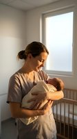 Caucasian female nurse in scrubs gently holds a swaddled newborn in a sunlit hospital room, radiating warmth and professional care.