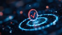 Glowing cryptocurrency coin floating in digital space with luminous particles and bokeh effects creating futuristic spiral pattern on dark background.