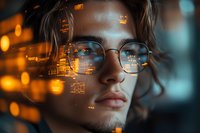 Young Asian man in round glasses with glowing orange city lights and reflections creating moody atmospheric portrait in dark evening setting.