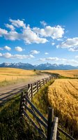Rural dirt road with wooden fence leading through golden wheat fields toward snow-capped mountains under dramatic blue sky with white clouds.