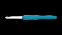 Crochet hook with teal ergonomic handle and silver metal tip, isolated on transparent background, ready for crafting clipart, stickers, print on demand, and t-shirt design use.