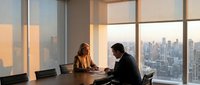 Two professionals conduct a business meeting in a modern high-rise office with expansive city skyline views through floor-to-ceiling windows during golden hour.