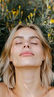 Young Caucasian woman with closed eyes and serene expression against yellow wildflowers background, natural sunlight creating gentle shadows on face. Perfect for wellness content.