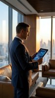 Professional businessman analyzing financial data on tablet in modern office with city skyline view during golden hour for corporate presentations.