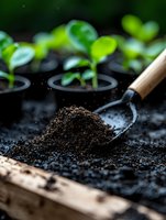 Small garden trowel with fertile soil and young green seedlings growing in starter pots, close-up view showing spring planting and gardening concept.