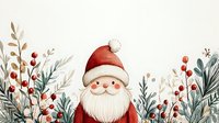 Cheerful watercolor Santa Claus with white beard surrounded by winter foliage, red berries, and pine branches in soft pastel colors. Festive holiday illustration.