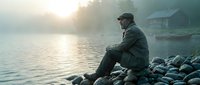Contemplative man in military jacket sitting on rocky lakeside at sunrise with misty atmosphere and wooden dock in background for peaceful solitude concepts.