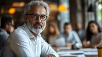 Mature businessman with gray hair and glasses in white shirt working at modern office space with coworkers in background during meeting.