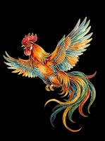 Colorful flying rooster with spread wings and long tail feathers, isolated on transparent background, ready for t-shirt design, stickers, clipart, and print on demand.