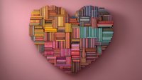 Colorful heart shape made of stacked books arranged in geometric pattern on pink background. Creative concept for reading, education and literature love.