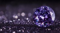 Purple brilliant cut diamond on dark glittering surface with bokeh effect background creates luxury jewelry atmosphere. Precious gemstone macro photography.