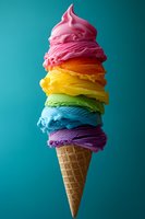 Colorful rainbow ice cream cone with six vibrant scoops stacked high against turquoise background, featuring pink, red, yellow, green, blue, and purple flavors.