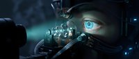 Soldier in tactical gear with glowing blue eye augmentation aiming rifle with scope in dark environment, futuristic military combat scenario.