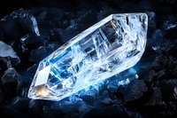 Clear quartz crystal formation with blue light illumination against dark background, showcasing natural geometric patterns and translucent mineral structure.