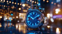 Glowing blue vintage alarm clock against blurred bokeh lights background creates magical nighttime atmosphere with reflective surface and dreamy ambiance.