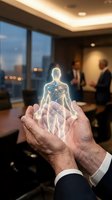 Businessman holding glowing holographic human figure in modern office with colleagues in background, representing digital transformation, innovation, and future technology solutions.