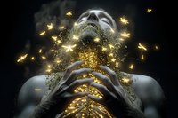 Surreal portrait of person with glowing golden butterflies emerging from chest, magical light and particles against dark background creating ethereal atmosphere.