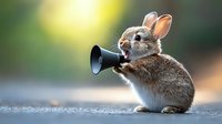 Young gray rabbit holding megaphone making announcement on blurred nature background. Funny animal communication concept for social media and marketing.