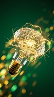 Glowing brain inside lightbulb with electric sparks on green bokeh background representing creativity, innovation and bright ideas for business concepts.