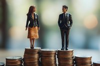 Gender pay gap concept showing businessman and businesswoman standing on unequal stacks of coins against blurred background, representing workplace inequality.
