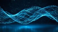 Digital blue wave network with glowing particles and grid lines flowing across dark technological background for data visualization and connectivity concepts.