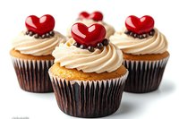 Valentine's Day chocolate cupcakes with vanilla frosting topped with red heart decorations and chocolate sprinkles on white background.