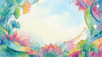 Watercolor floral frame with colorful lotus flowers, ginkgo leaves, and golden stars on a soft pastel background, perfect for greeting cards.