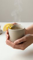 Hands holding warm ceramic mug with steaming hot lemon tea or herbal beverage, fresh citrus slice garnish, wellness and comfort drink concept.