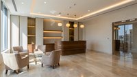 Modern luxury hotel lobby interior with elegant reception desk, comfortable seating area, marble floors, and sophisticated lighting design for hospitality.