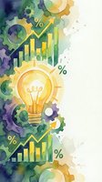 Watercolor business growth concept with lightbulb, gears, charts and percentage symbols in green and yellow tones for presentations and marketing materials.