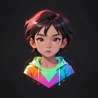 Young Asian girl character with messy black hair and pink eyes wearing rainbow-colored hoodie against dark background, stylized anime-inspired digital art portrait.