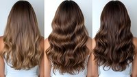 Three women showing different brunette hair color variations with long wavy hairstyles from blonde balayage to rich chocolate brown tones.