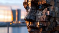 Dramatic wooden sculpture of fragmented face at sunset, artistic urban installation with geometric blocks creating human profile against blurred cityscape background.