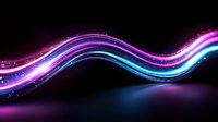 Glowing neon waves with purple and blue light trails on black background create dynamic motion effect with sparkles and energy flow for abstract design projects.