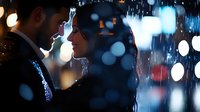 Young businessman using smartphone in rain at night with city lights bokeh background creating atmospheric urban scene for business communication concepts.