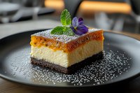 Creamy cheesecake slice with caramelized top layer, chocolate cookie base, and garnished with fresh mint leaf and purple edible flower on black plate dusted with powdered sugar.
