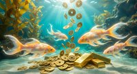 Underwater treasure chest with golden coins and koi fish swimming in aquatic scene. Fantasy wealth concept for financial success and prosperity themes.