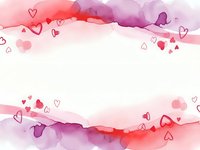 Watercolor hearts border frame in pink and purple tones with romantic love symbols scattered around white copy space for Valentine's Day designs.