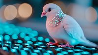 Delicate white dove adorned with glowing turquoise decorative elements against blurred bokeh background creates magical atmosphere for greeting cards and festive designs.